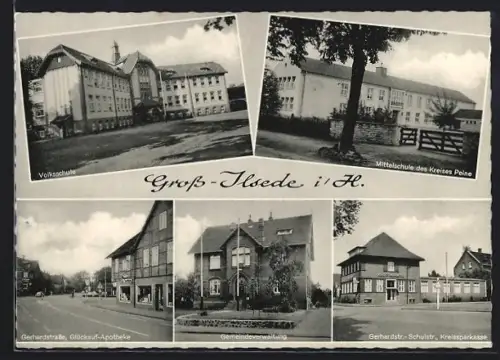 AK Gross-Ilsede i. H., Volksschule, Mittelschule, Gerhardstrasse mit Glückauf-Apotheke, Gemeindeverwaltung