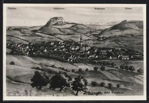 AK Hilzingen /Konstanz, Ortsansicht mit Bergpanorama und Bodensee