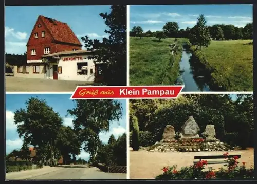 AK Klein Pampau, Lebensmittelgeschäft, Denkmal, Bach mit Kühen