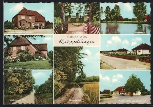AK Kröppelshagen, Gasthaus Lindenkrug, Ehrenmal, Lebensmittel W. Harten, Haus Luckas