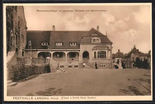 AK Landau /Pfalz, Festhalle, Restaurantflügel mit gedeckter Terrasse