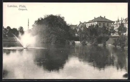 AK Landau, Ostpark mit Springbrunnen