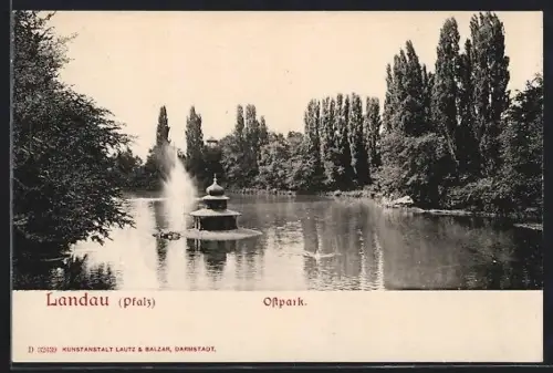 AK Landau /Pfalz, See mit Fontäne im Ostpark