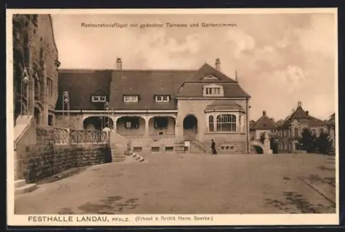 AK Landau /Pfalz, Festhalle Landau, Restaurationsflügel mit gedeckter Terrasse und Gartenzimmer