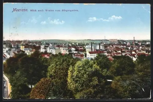 AK Meerane, Ortsansicht nach Westen vom Bürgergarten aus