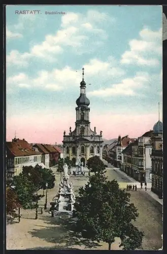 AK Rastatt, Stadtkirche mit Denkmal
