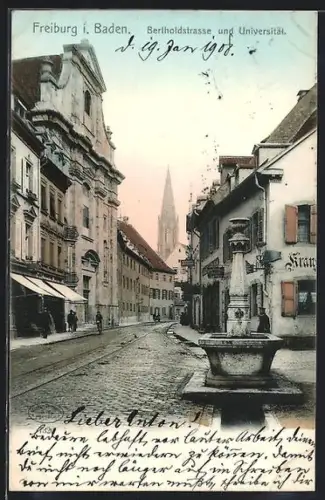 AK Freiburg i. Baden, Bertholdstrasse und Universität, Im Hintergrund Kirche