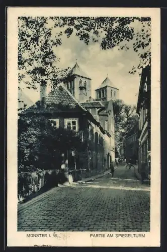 AK Münster i. W., Strassenpartie am Spiegelturm