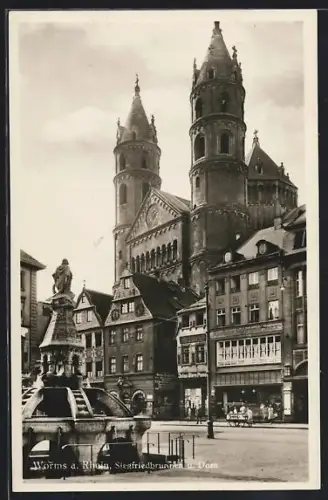 AK Worms, Siegfriedbrunnen und Dom am Marktplatz