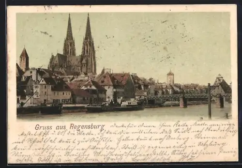 AK Regensburg, Uferpartie mit Kirche