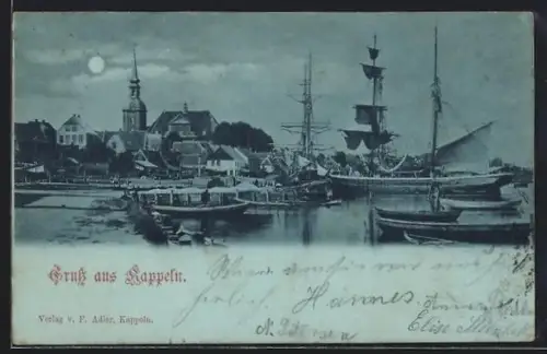 Mondschein-AK Kappeln, Hafen, Kirche, Segelschiffe