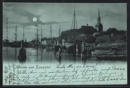 Mondschein-AK Kappeln, Hafen, Segelschiffe, Kirche