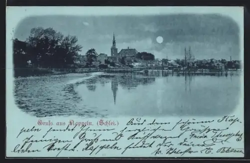 Mondschein-AK Kappeln /Schlei, Stadtansicht mit Kirche und Hafen