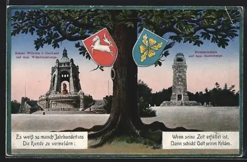 AK Porta Westfalica, Kaiser Wilhelm I.-Denkmal, Bismarckturm auf dem Jakobsberg