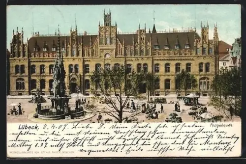 AK Lübeck, Postgebäude und Brunnen