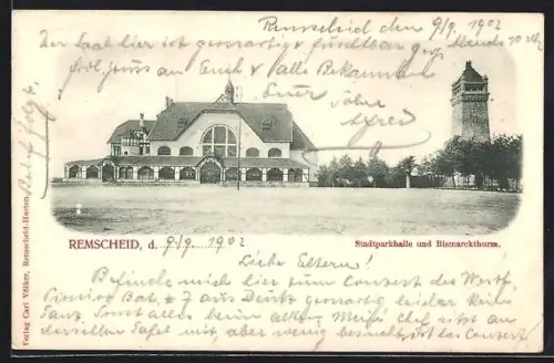 AK Remscheid, Stadthalle und Bismarckturm