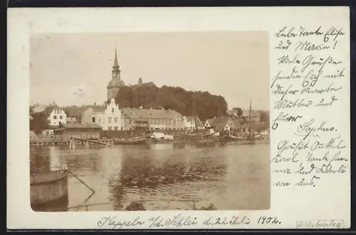 Foto-AK Kappeln, Stadtansicht mit Kirche und Hafen, 1894