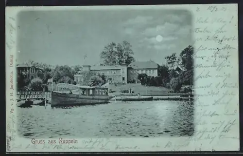 Mondschein-AK Kappeln, Uferansicht mit Bootsanleger und Gebäuden