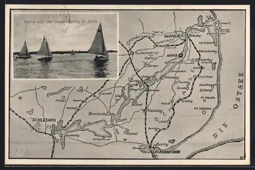 AK Arnis, Partie von der Segelregatta und Karte mit Rieseby, Brodersby und Schleswig