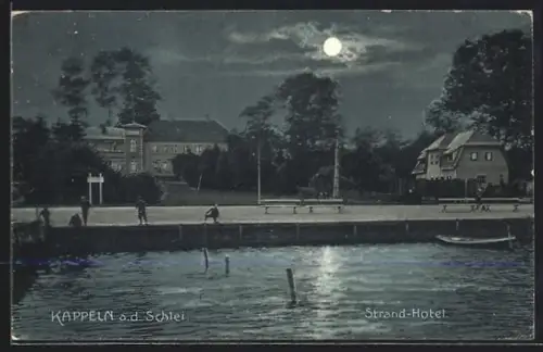AK Kappeln a. d. Schlei, Strand-Hotel, Uferpromenade, Nachtansicht