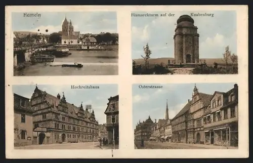 AK Hameln, Totale, Bismarckturm auf der Knabenburg, Hochzeitshaus, Osterstrasse