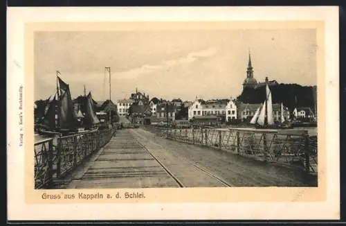 AK Kappeln a. d. Schlei, Uferpartie mit Kirche und Brücke