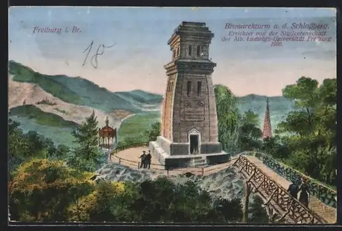 AK Freiburg, der Bismarckturm auf dem Schlossberg