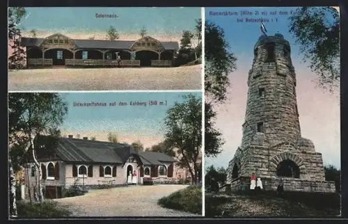 AK Netzschkau i. V., Bismarckturm, Kolonnade, Unterkunftshaus auf dem Kuhberg