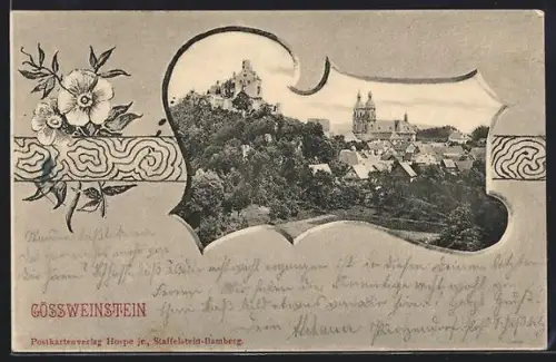 Lithographie Gössweinstein, Teilansicht mit Kirche, Stiefmütterchen, Passepartout
