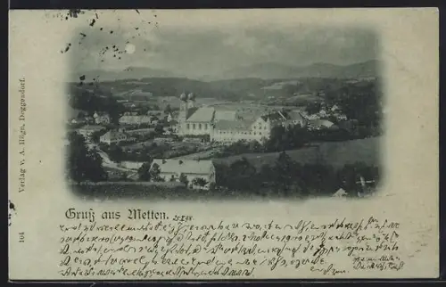Mondschein-AK Metten, Blick zum Kloster