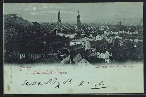 Mondschein-AK Landshut i. Bayern, Teilansicht mit Kirche von Nordost aus