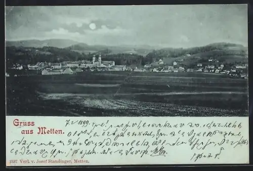 Mondschein-AK Metten, Teilansicht mit Kirche
