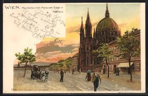 Lithographie Wien, Fünfhaus, Pfarrkirche zur heiligen Maria vom Siege