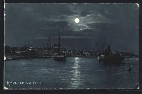 AK Kappeln a. d. Schlei, Uferpartie mit Kirche bei Mondschein