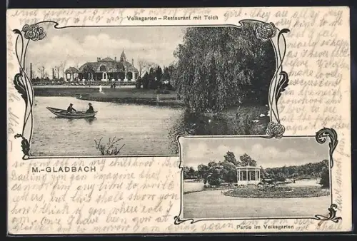 AK M.-Gladbach, Volksgarten-Restaurant mit Teich, Parkpartie