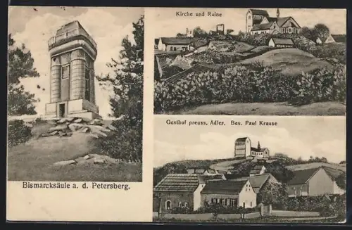 Künstler-AK Petersberg, Gasthof preussischer Adler, Kirche und Ruine, Bismarcksäule