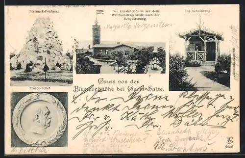 AK Gross-Salze, Aussichtsturm mit Gasthaus nach der Neugestaltung, Schutzhütte, Bismarck-Denkmal
