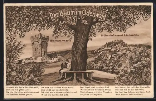 AK Lindenfels /Odw., Bismarckwarte und Ortsansicht, Der Baum im Odenwald Gedicht
