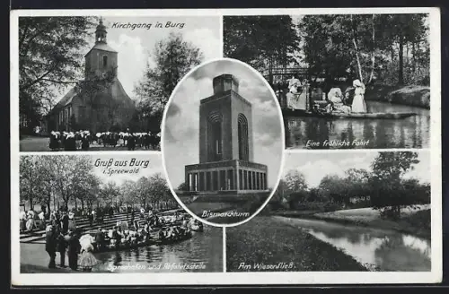 AK Burg, Bismarckturm, Kirche und Spreehafen