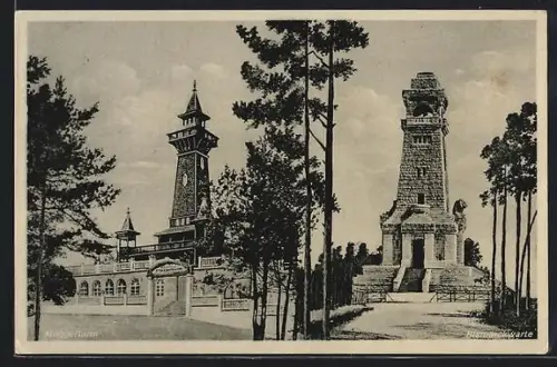 AK Berlin-Köpenick, Gaststätte Teufelssee, In den Müggelbergen, Bismarckwarte, Müggelturm