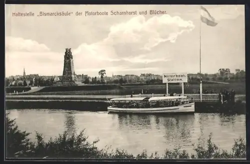 AK Hannover, Haltestelle Bismarcksäule der Motorboote Scharnhorst und Blücher