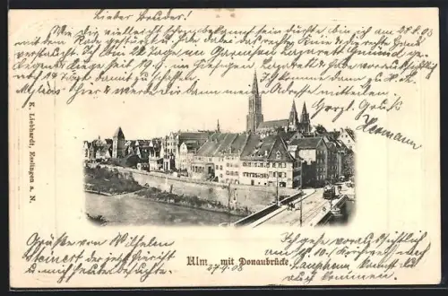 AK Ulm, Teilansicht mit Kirche und Donaubrücke