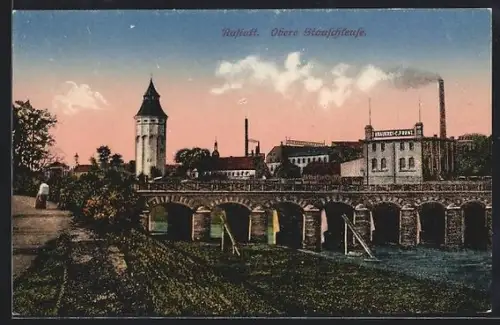 AK Rastatt, Obere Stauschleuse mit Brauerei C. Franz