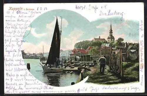 AK Kappeln i. Schlesw., Uferpartie mit Kirche