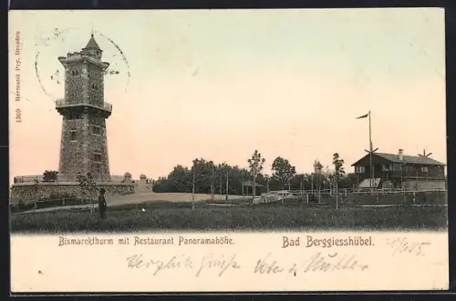 AK Bad Berggiesshübel, Bismarckturm mit Restaurant Panoramahöhe