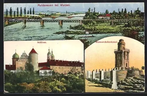 AK Wurzen, Muldenauen, Panorama mit Brücke, Schloss, Bismarckdenkmal