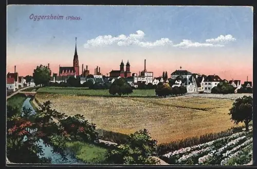 AK Oggersheim /Pf., Ortspanorama hinter Feldern