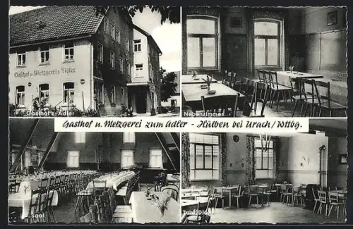 AK Hülben bei Urach, Gasthof und Metzgerei zum Adler, Innenansichten Saal und Nebenzimmer