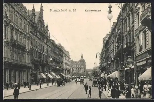 AK Frankfurt a. M., Kaiserstrasse mit Geschäften und Strassenbahn