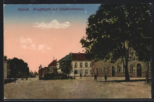 AK Rastatt, Fruchthalle mit Pfeifferbrunnen